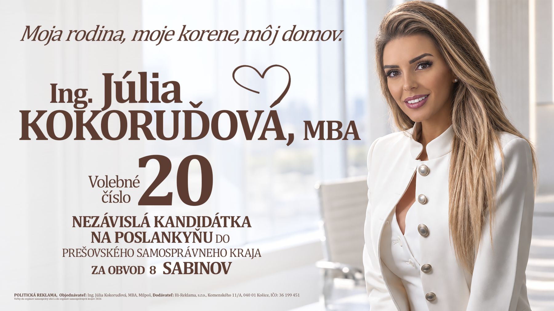 Billboard – Ing. Júlia Kokoruďová, MBA, volebné číslo 20
